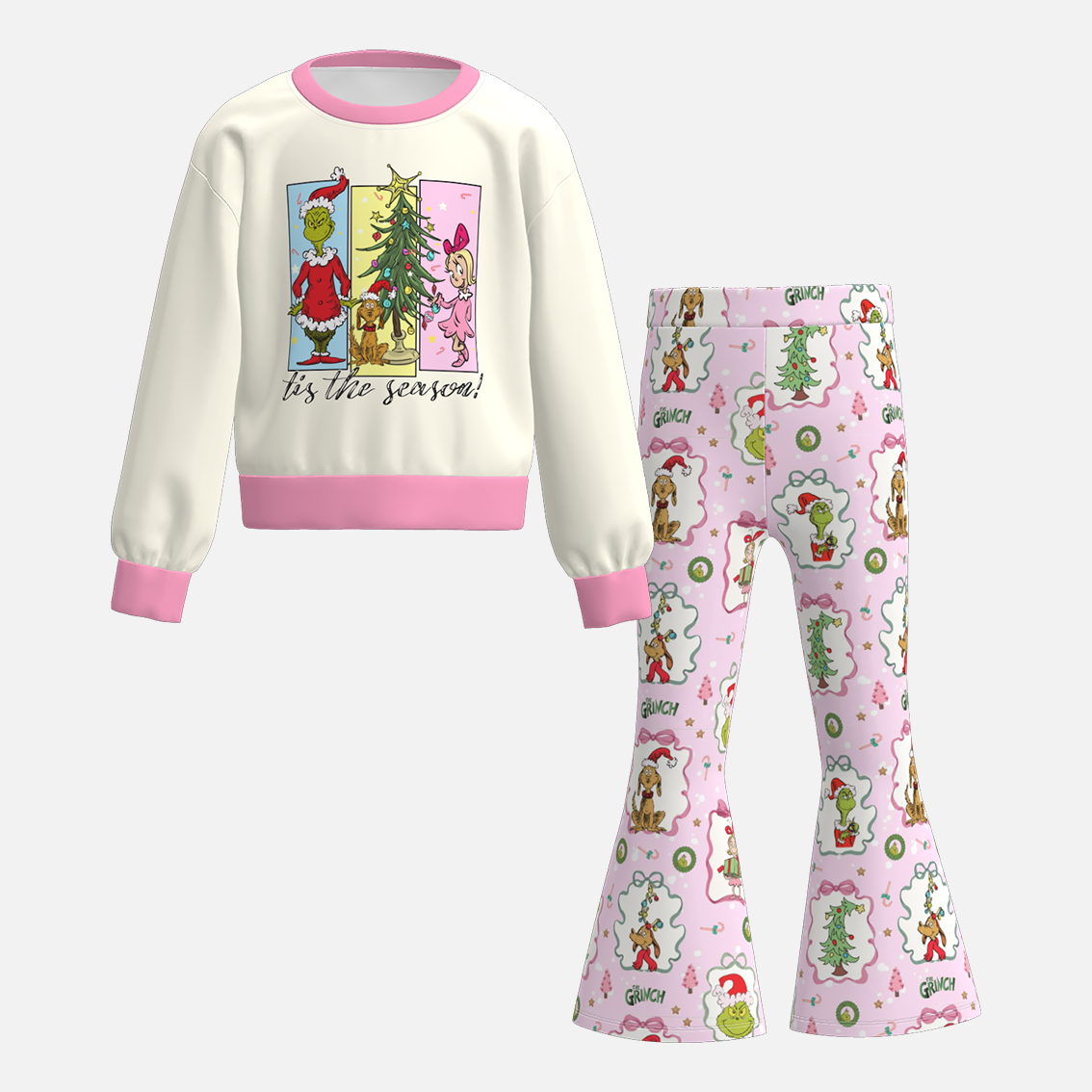 (Pre Order)Girls Christmas Cartoon Print Outfit Set