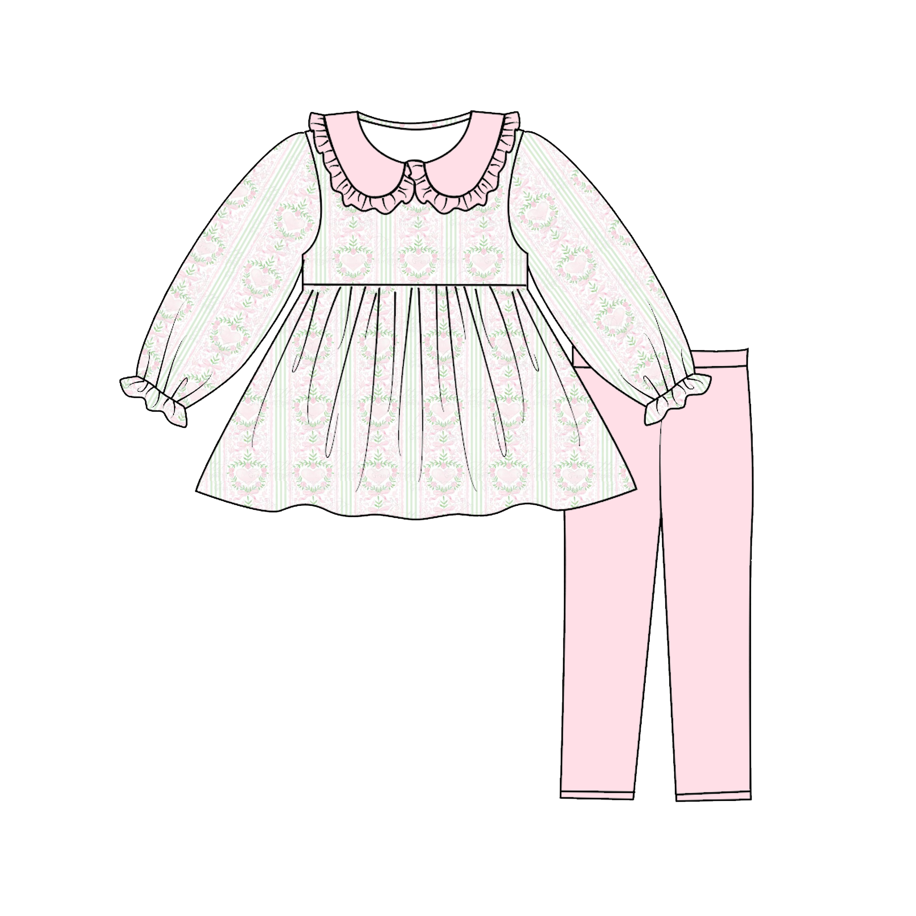 (Pre Order)Girls Valentine's Day Print Doll Collar Outfit Set