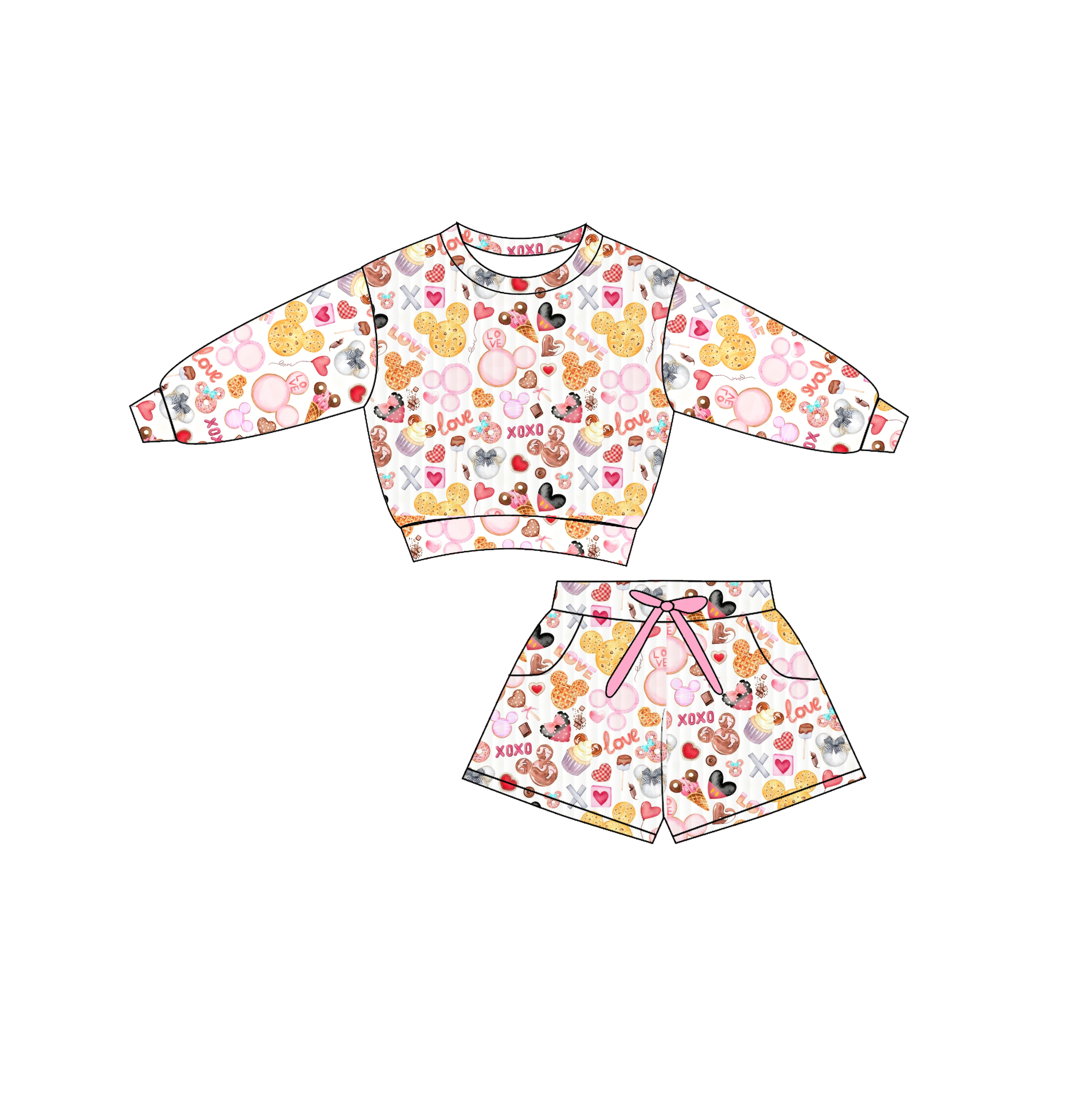 (Pre Order)Girls Valentine's Day Print Shorts Set with Pockets