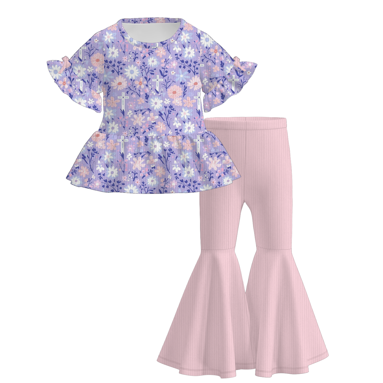 (Pre Order)Girls Easter Print Ruffle Ribbed Fabric Outfit Set