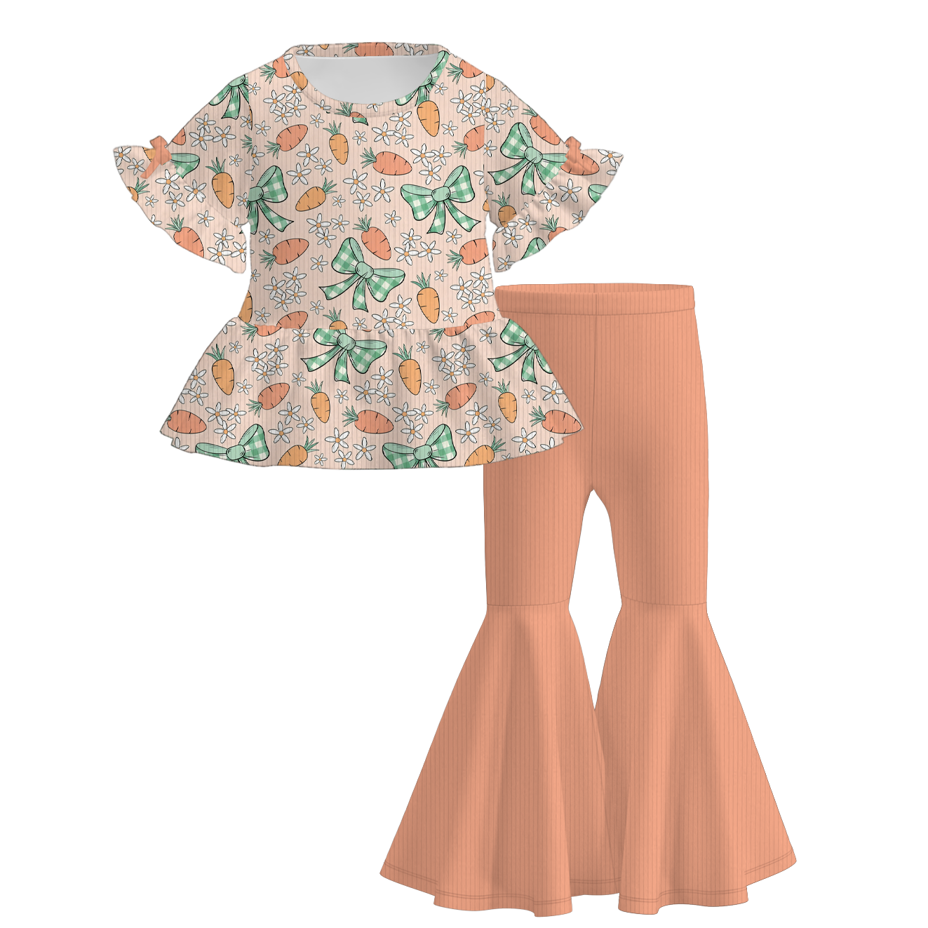 (Pre Order)Girls Easter Print Ruffle Ribbed Fabric Outfit Set