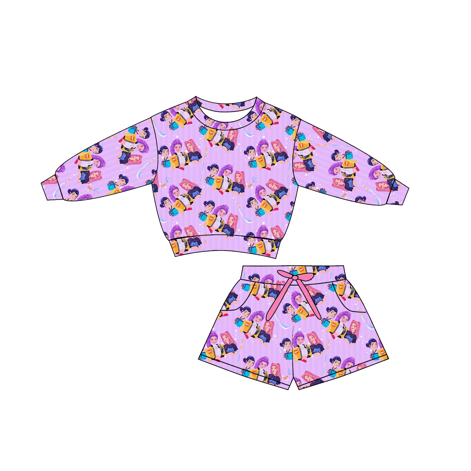 (Pre Order)Girls Spring&Summer Movie Character Print Shorts Set with Pockets