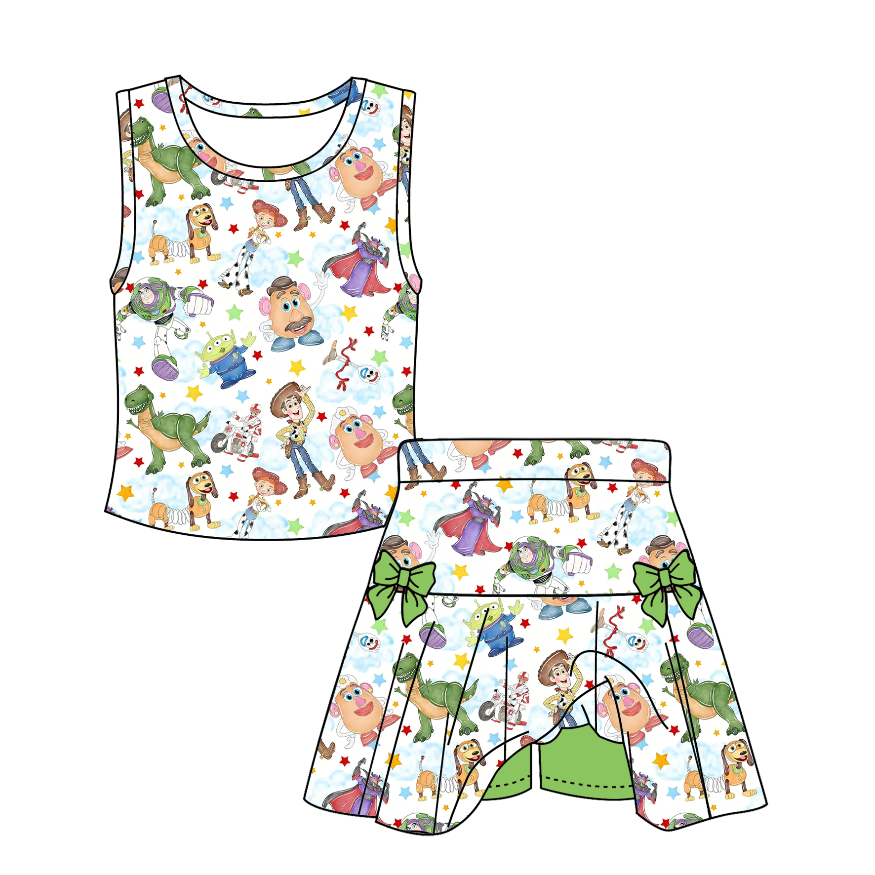 (Pre Order)Siblings Spring&Summer Cartoon Toy Print Skort Set&Top