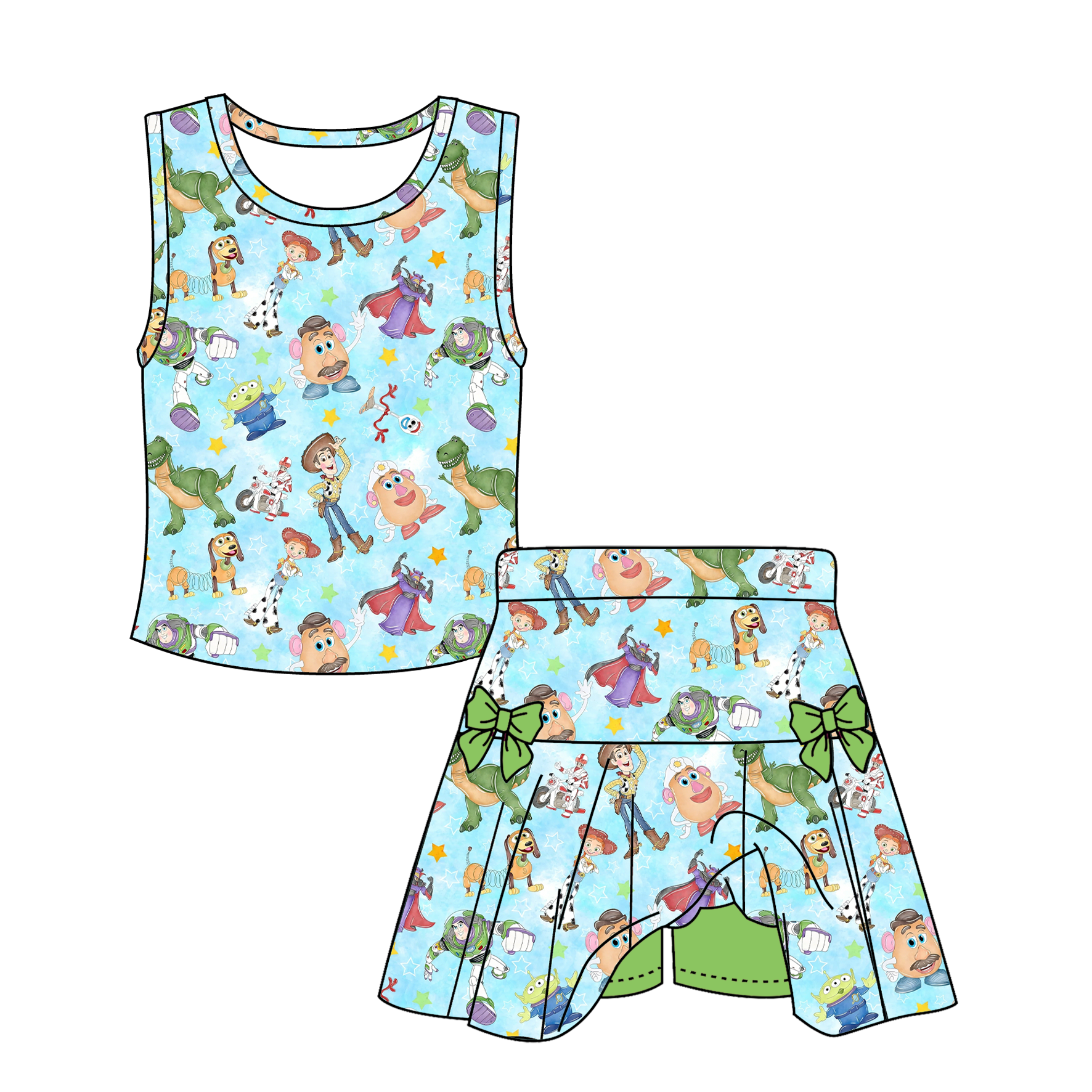 (Pre Order)Siblings Spring&Summer Cartoon Toy Print Skort Set&Top