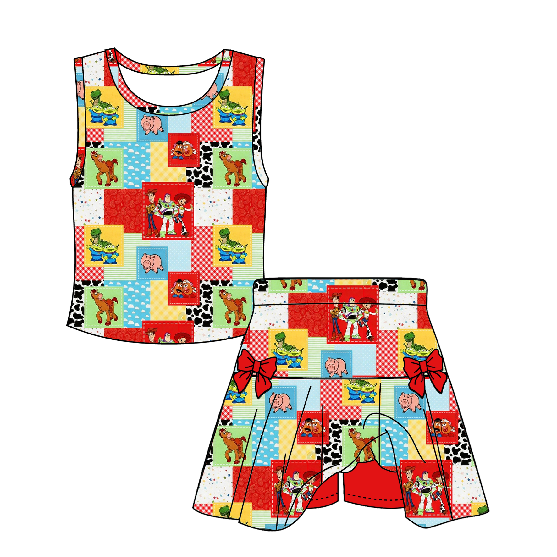 (Pre Order)Siblings Spring&Summer Cartoon Toy Print Skort Set&Top