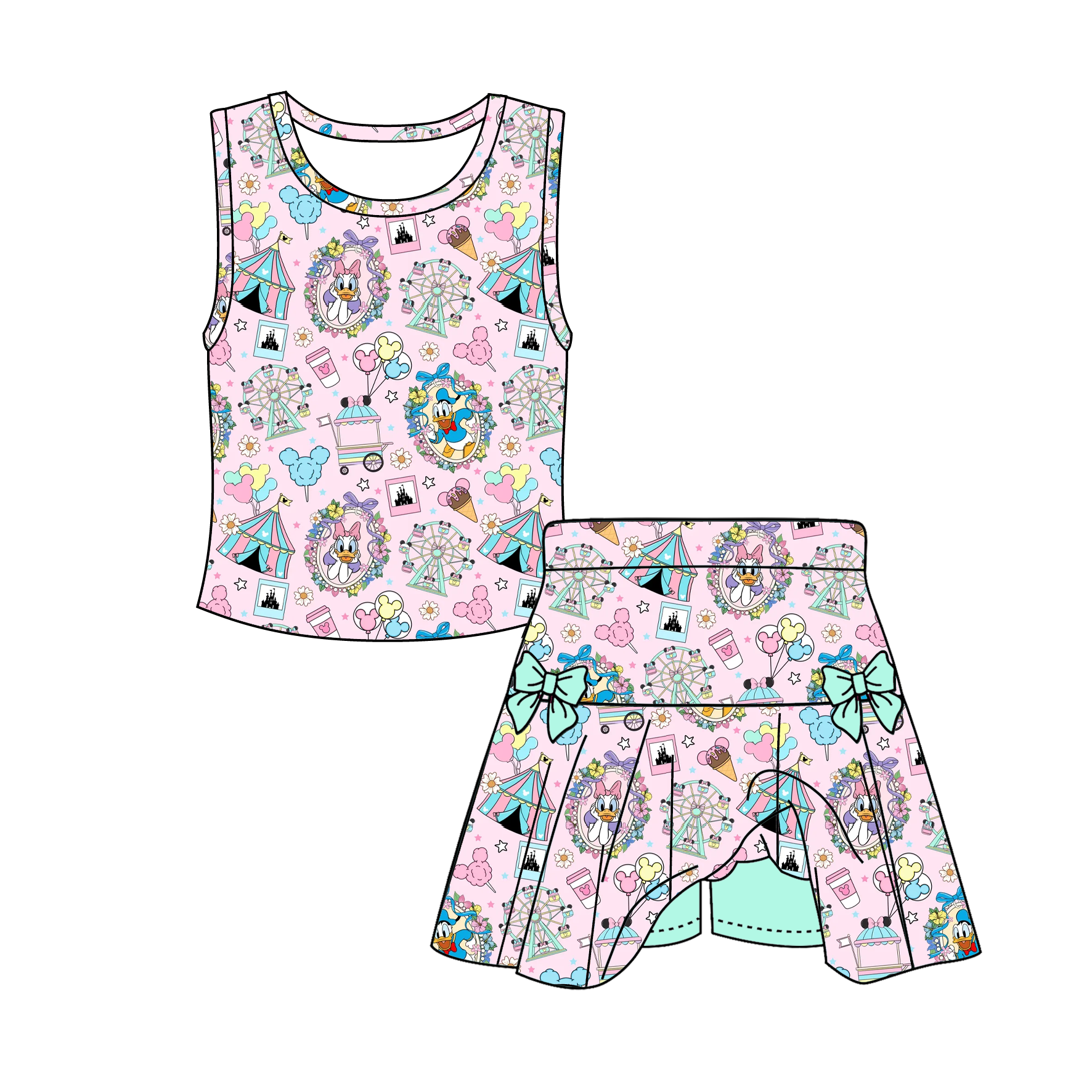 (Pre Order)Girls Spring&Summer Cartoon Print Dress&Skort Set