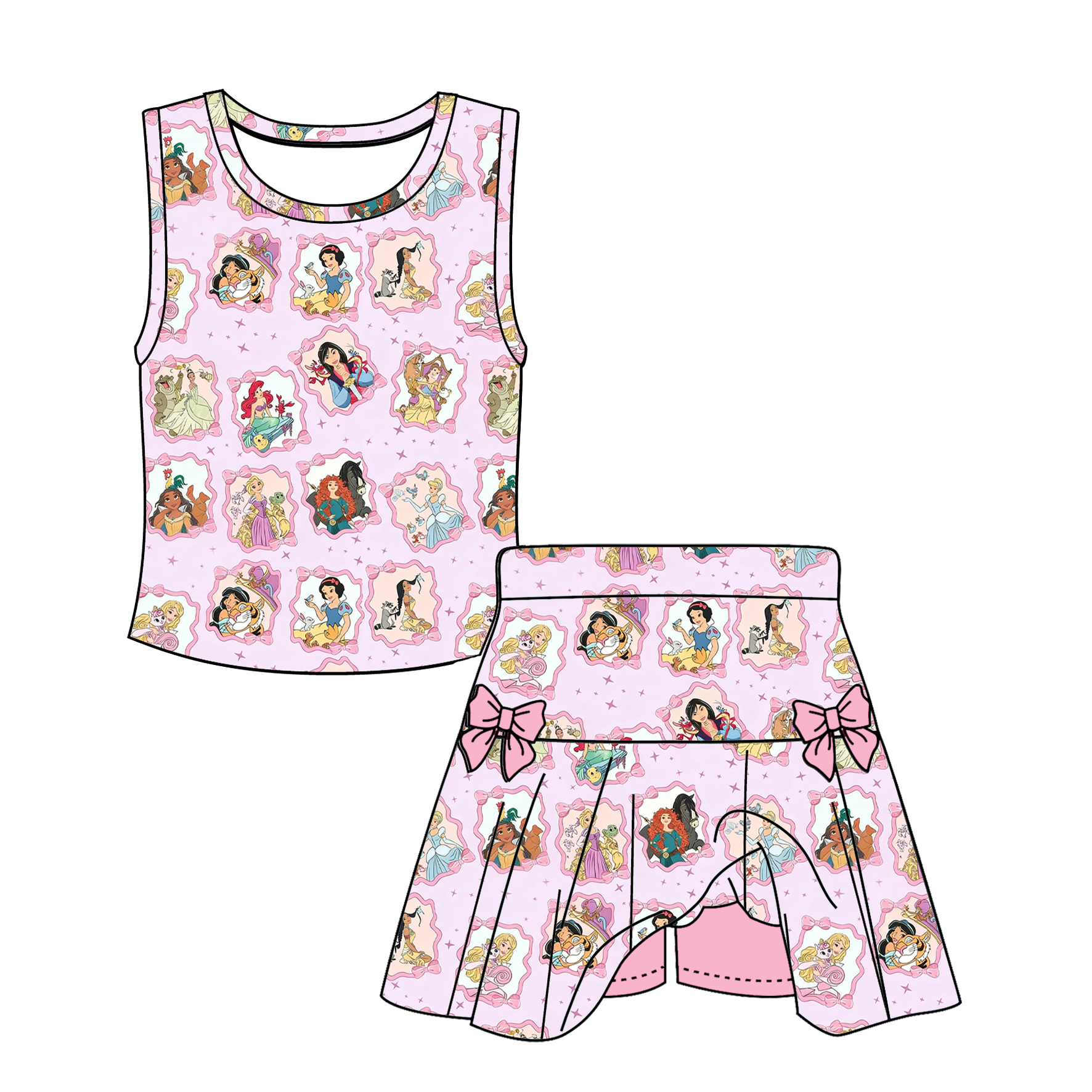 (Pre Order)Girls Spring&Summer Princess Print Dress&Skort Set