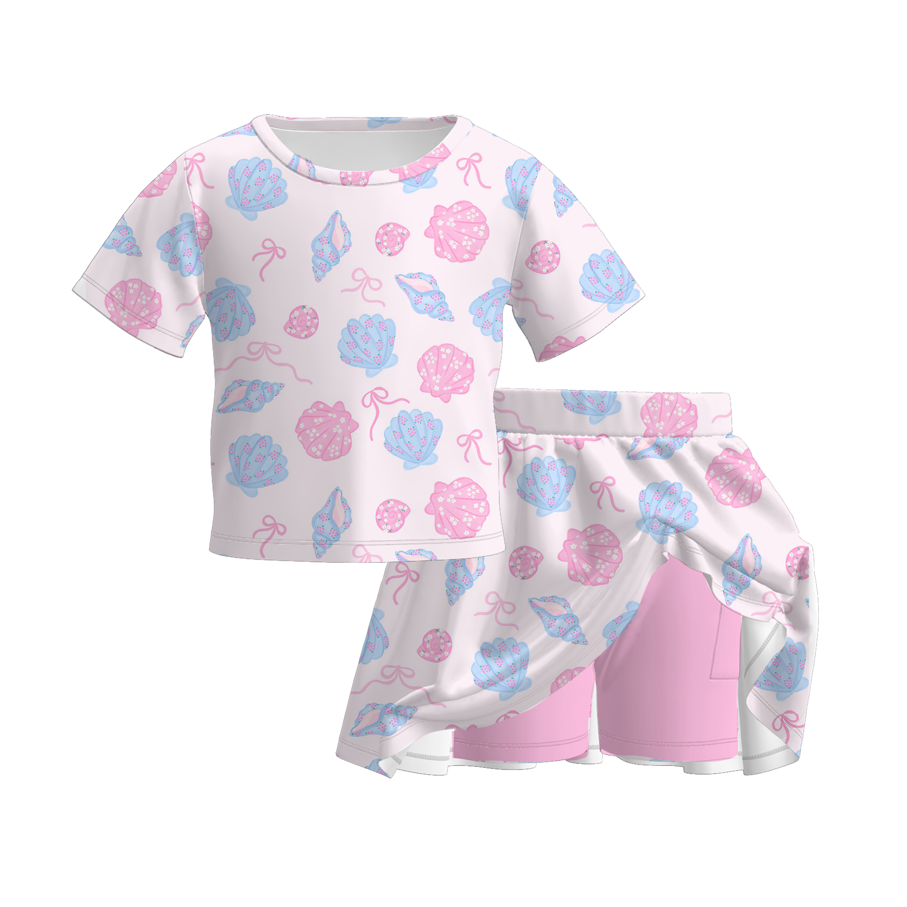 (Pre Order)Girls Spring&Summer Seashell Print Dress&Skorts Set