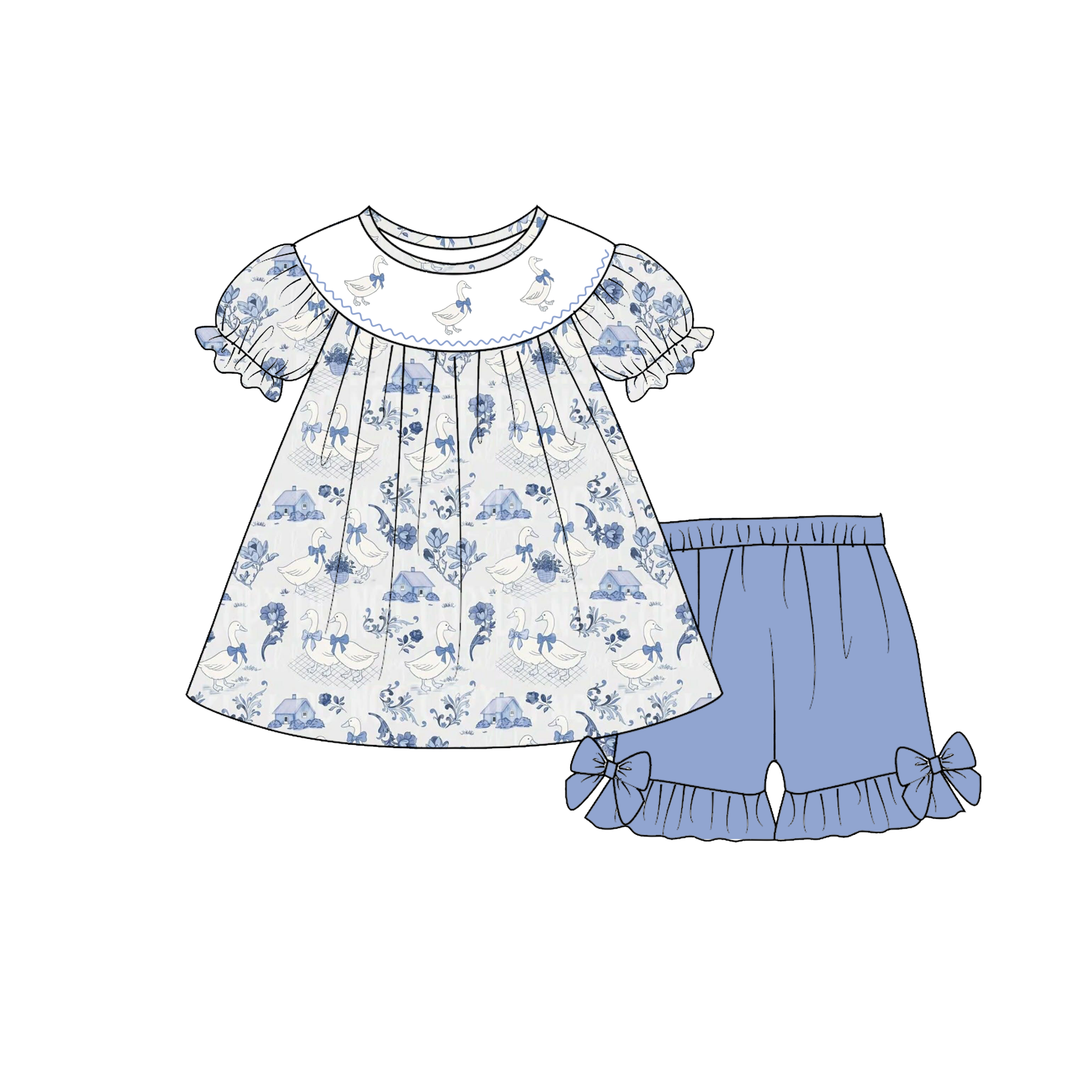 (Pre Order)Sisters Spring&Summer Goose Embroidery Smocked Shorts Set&Romper