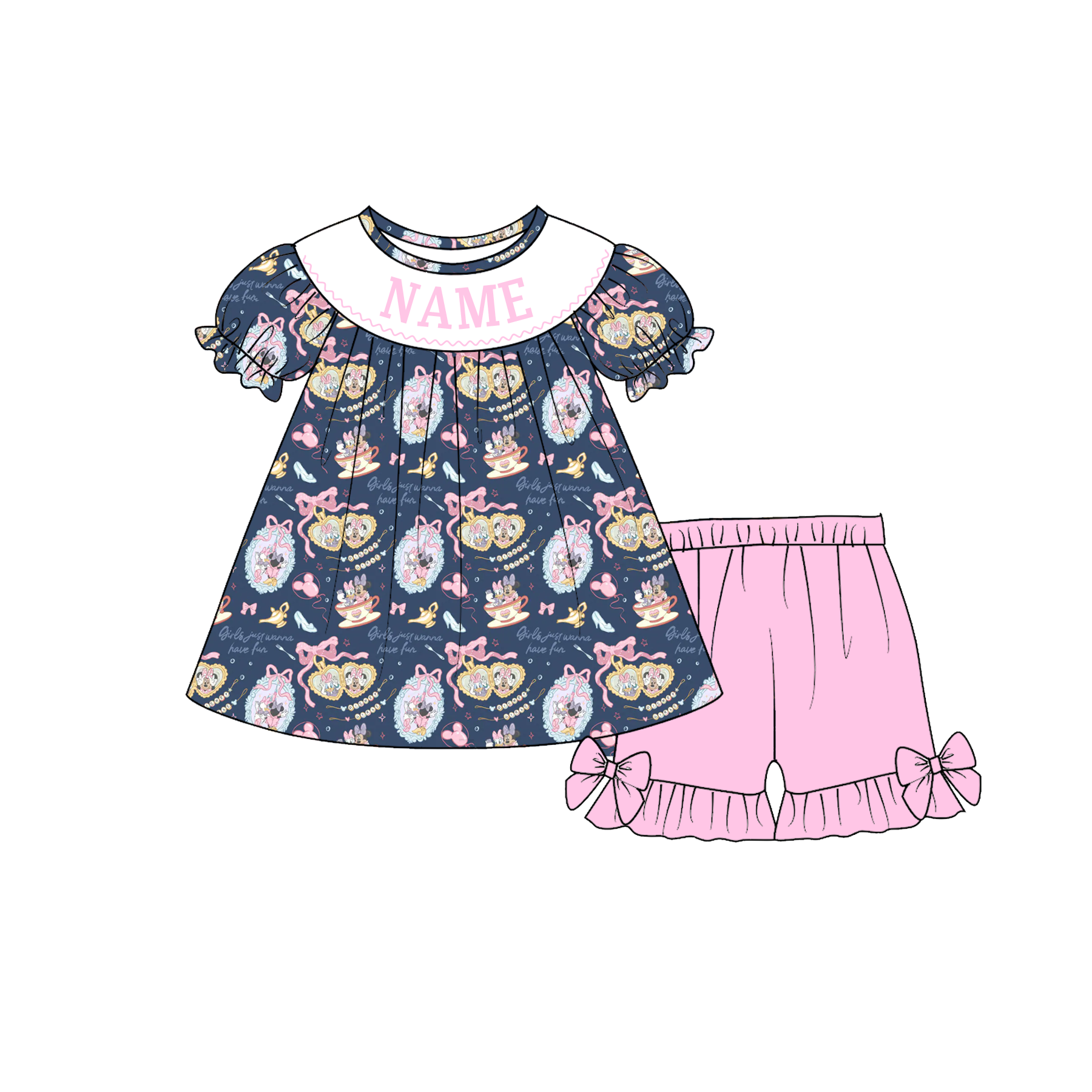 (Pre Order)Sisters Spring&Summer Cartoon Embroidery Smocked Shorts Set&Romper