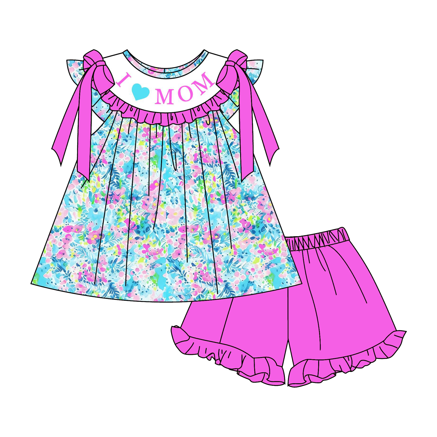 (Pre Order)Sisters“I♥MAMA”Embroidery Smocked Dress,Shorts Set&Romper