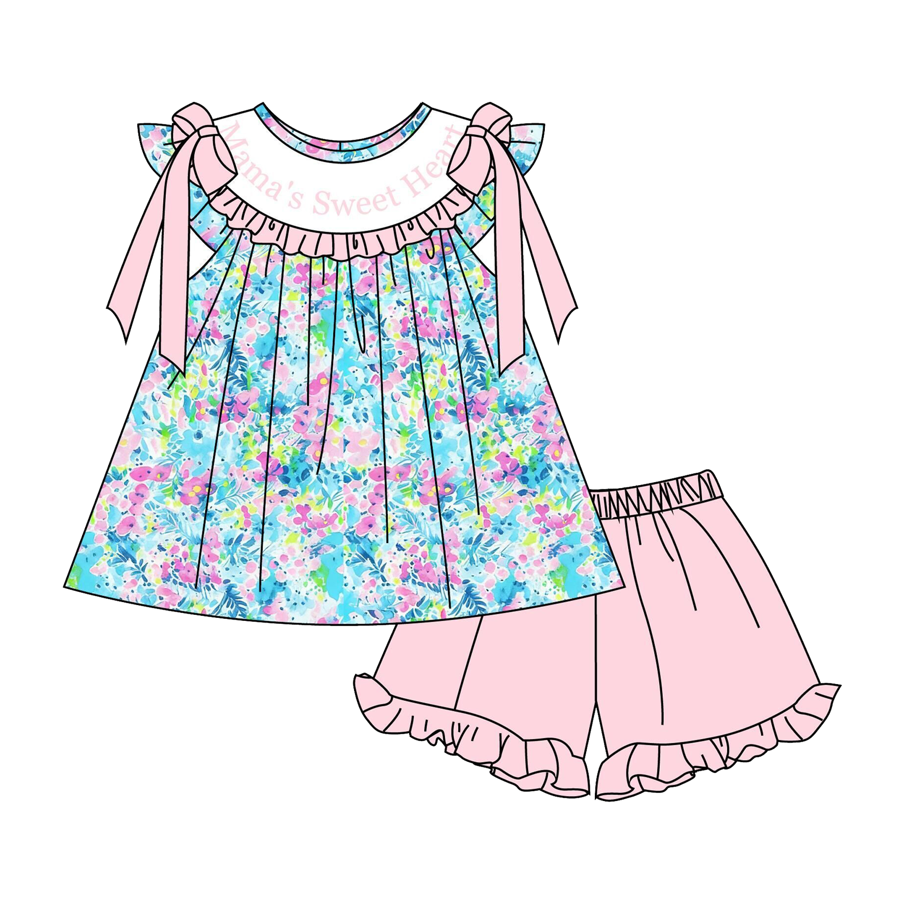 (Pre Order)Sisters“Mama's Sweat Heart”Embroidery Smocked Dress,Shorts Set&Romper