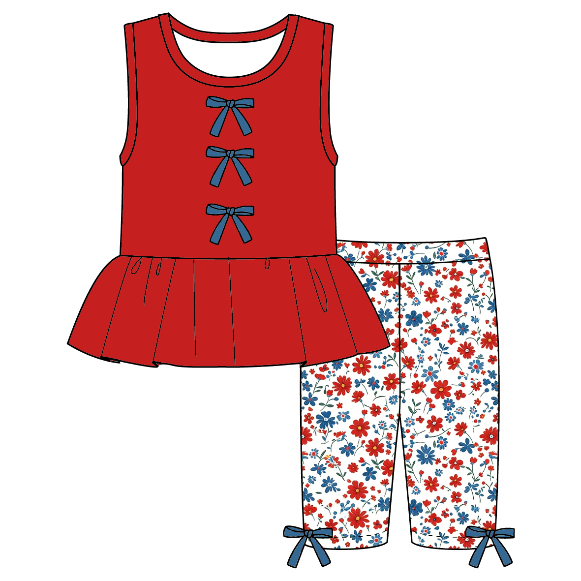 (Pre Order)Girls Summer Patriotic Print Dress&Shorts Set