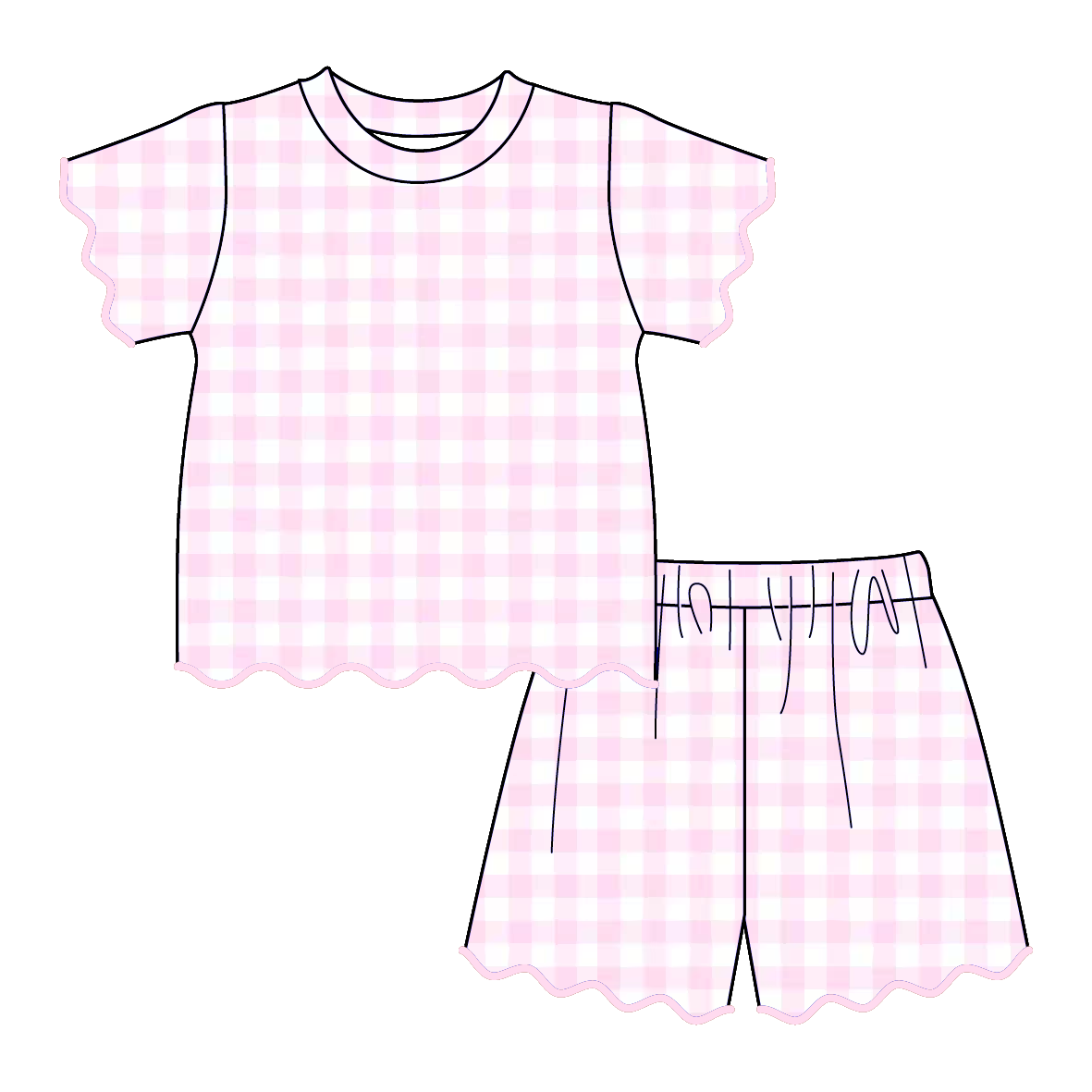 (Pre Order)Girls Spring&Summer Plaid Scallop Shorts Set