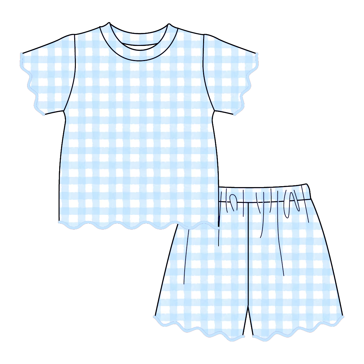 (Pre Order)Girls Spring&Summer Plaid Scallop Shorts Set