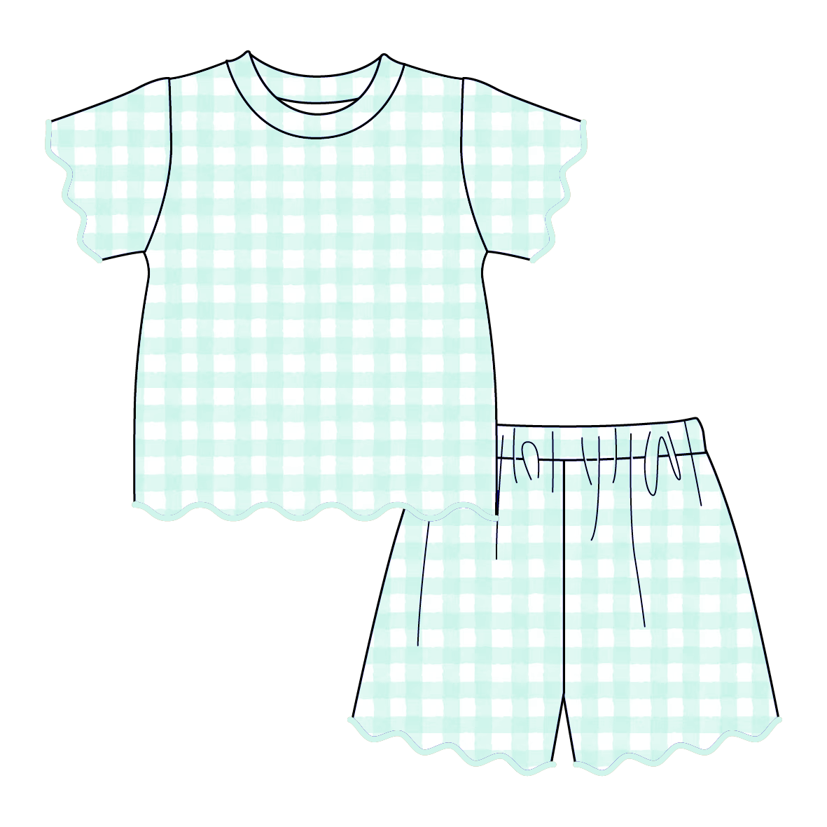 (Pre Order)Girls Spring&Summer Plaid Scallop Shorts Set
