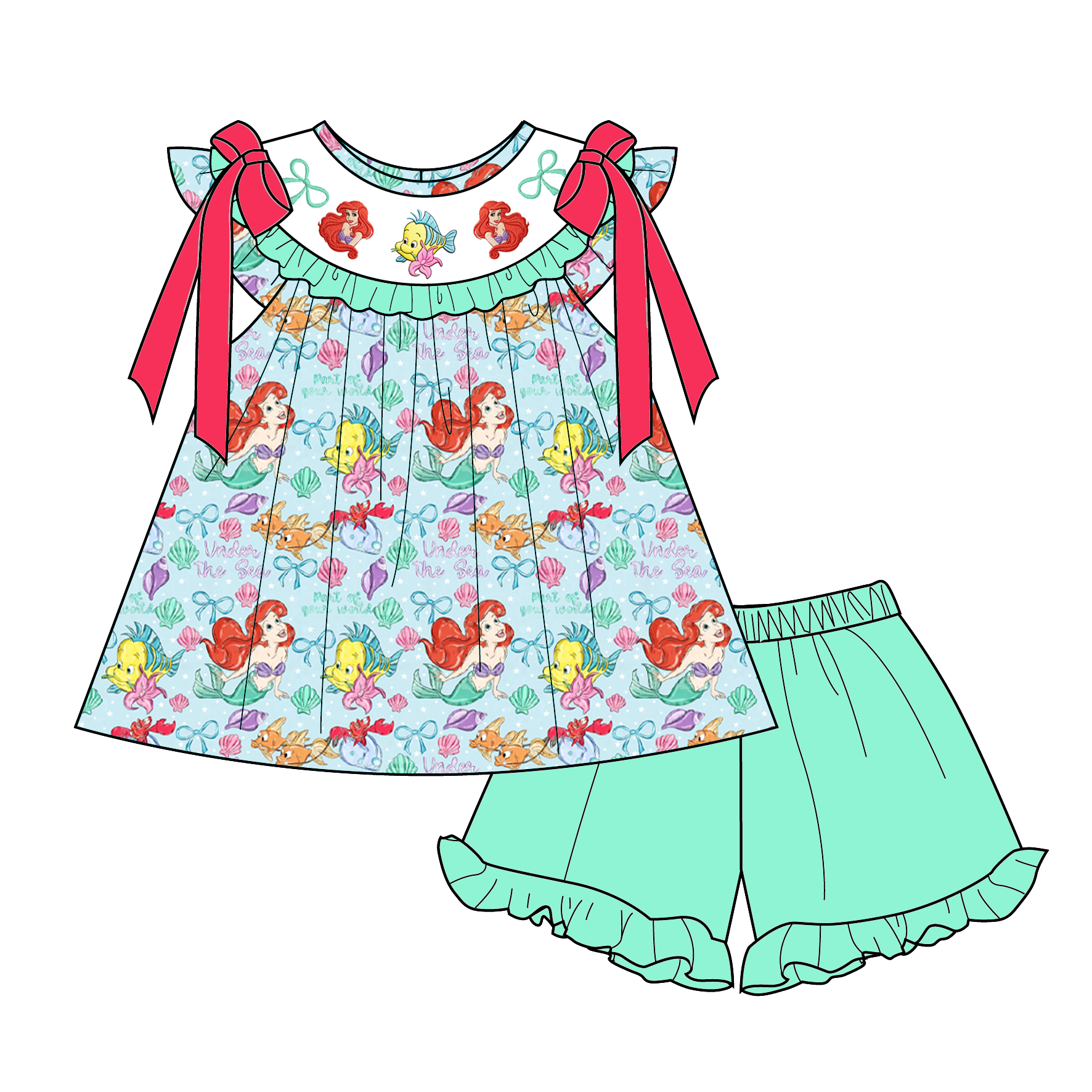 (Pre Order)Sisters Spring&Summer Mermaid Embroidery Smocked Dress,Set&Romper