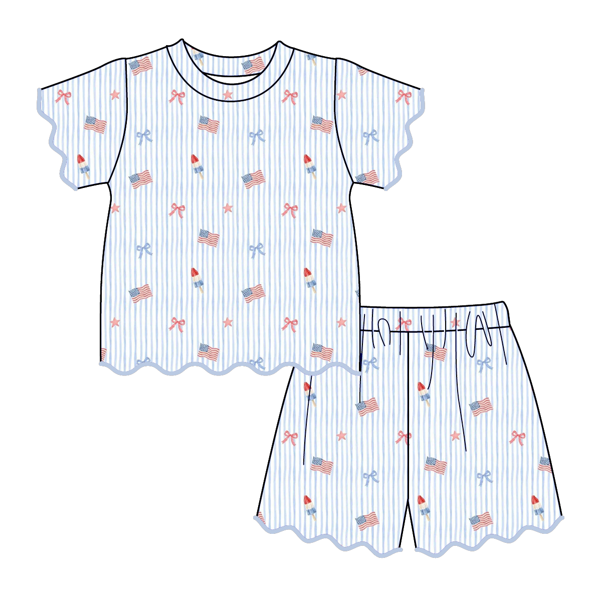 (Pre Order)Girls Summer Patriotic Scallop Shorts Set