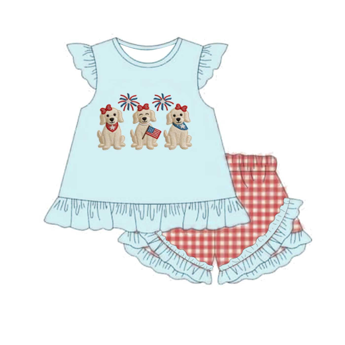(Pre Order)Siblings Patriotic Puppy Embroidery Shorts Set&Romper