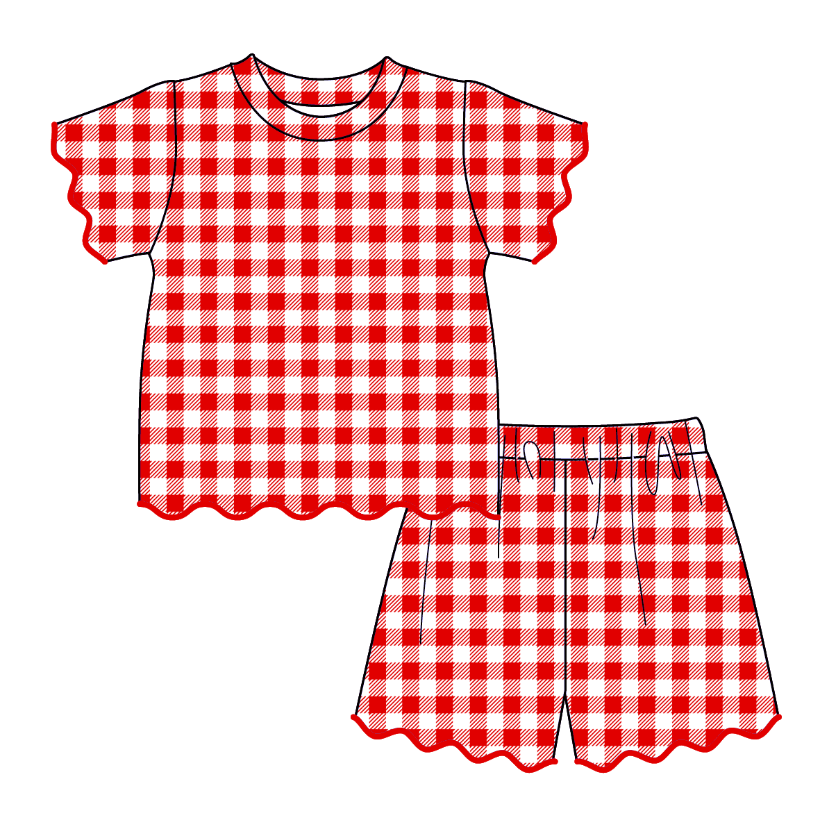 (Pre Order)Girls Spring & Summer Plaid Scallop Shorts Set