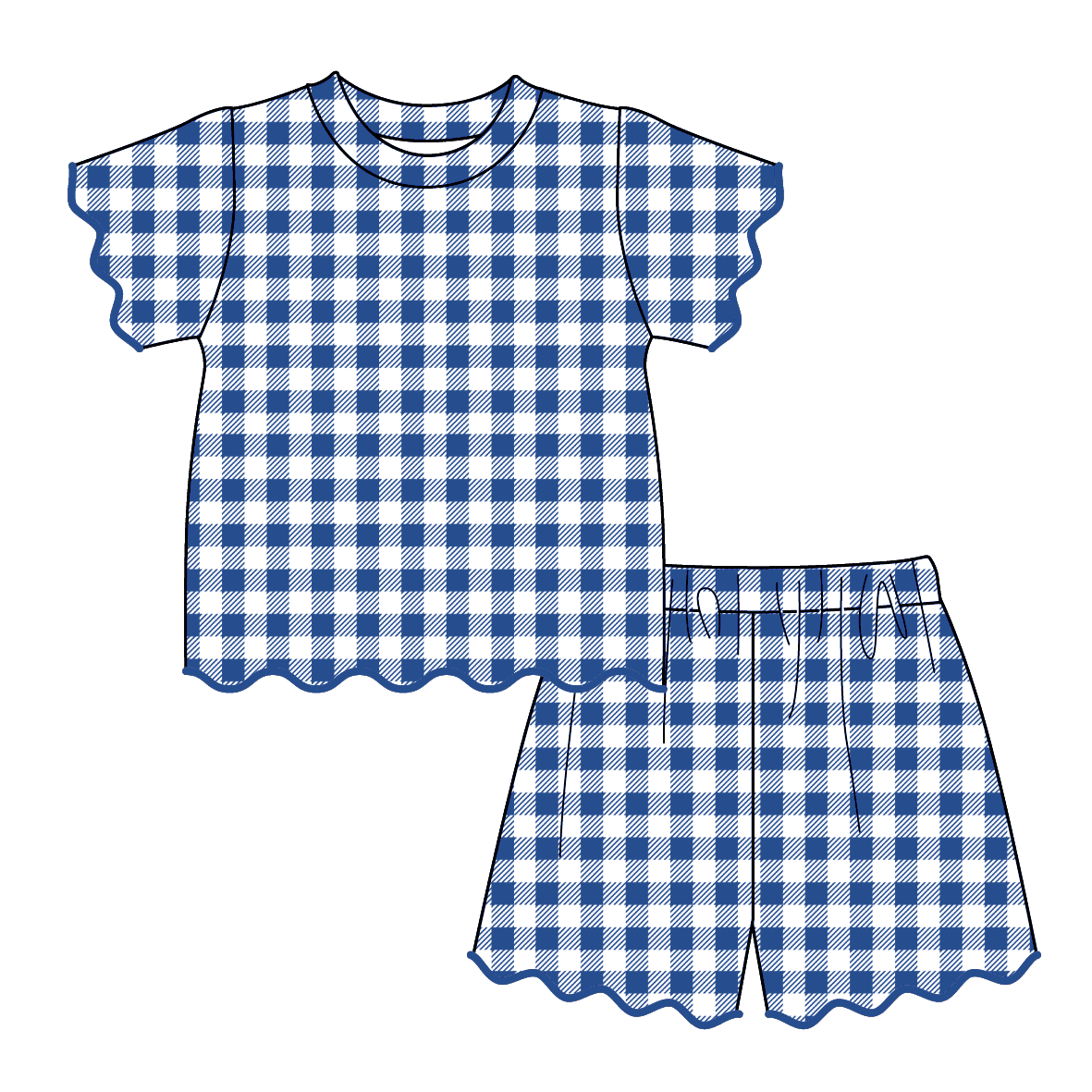 (Pre Order)Girls Spring & Summer Plaid Scallop Shorts Set