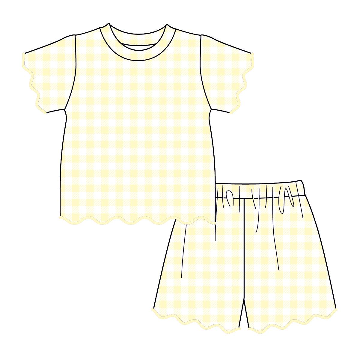 (Pre Order)Girls Spring & Summer Plaid Scallop Shorts Set