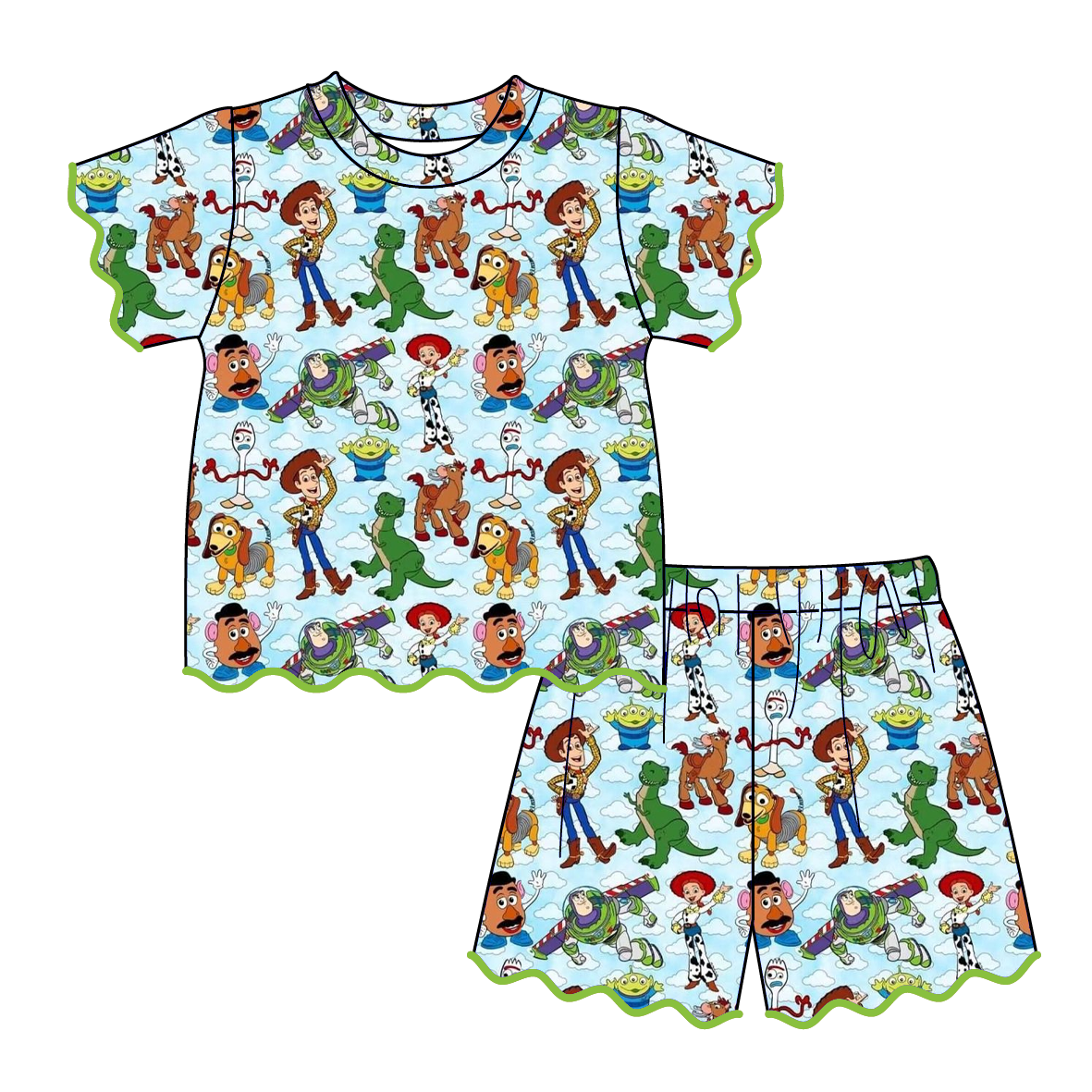 (Pre Order)Girls Spring & Summer Cartoon Scallop Shorts Set