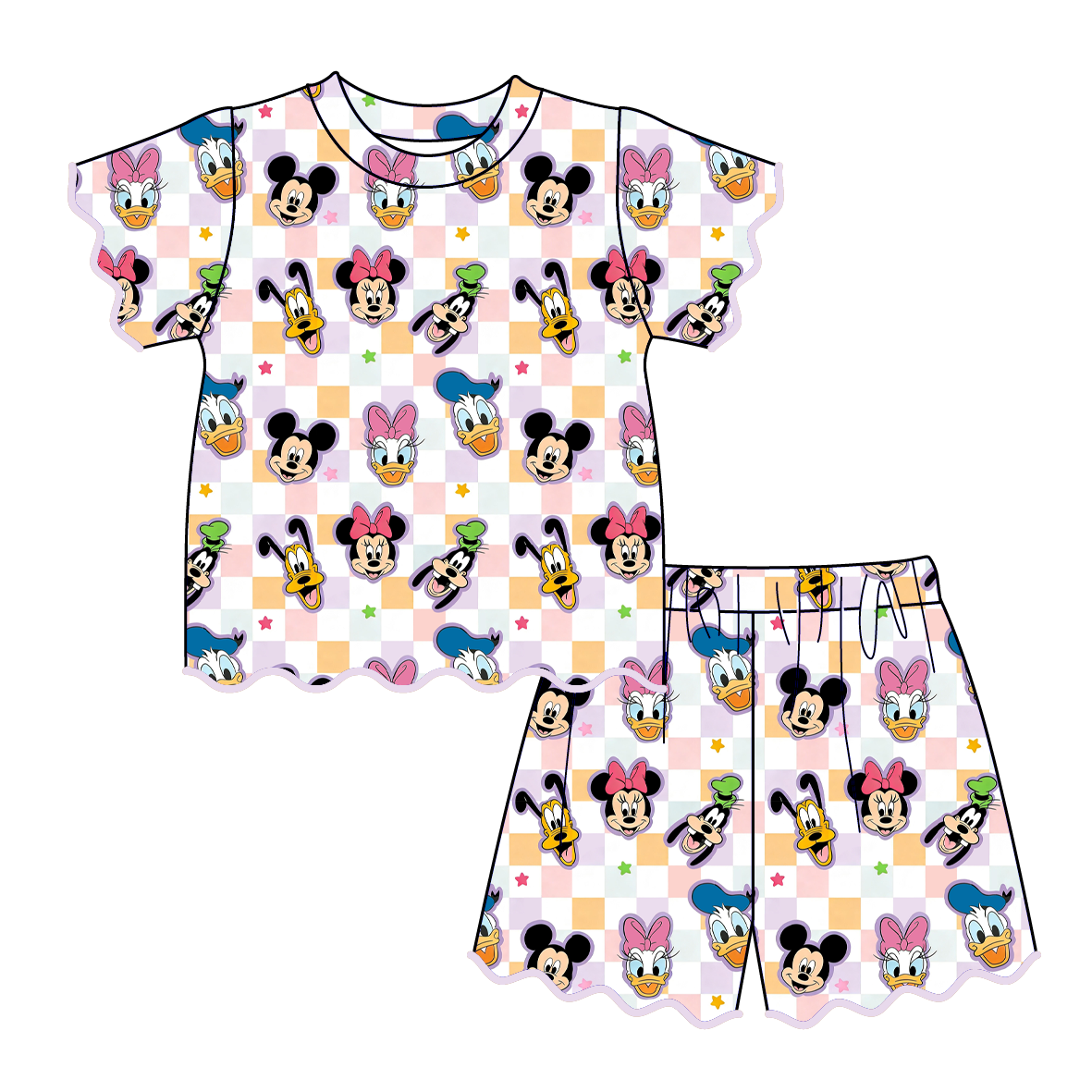 (Pre Order)Girls Spring & Summer Cartoon Scallop Shorts Set