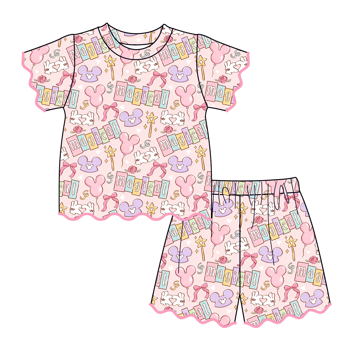(Pre Order)Girls Spring & Summer Cartoon Scallop Shorts Set