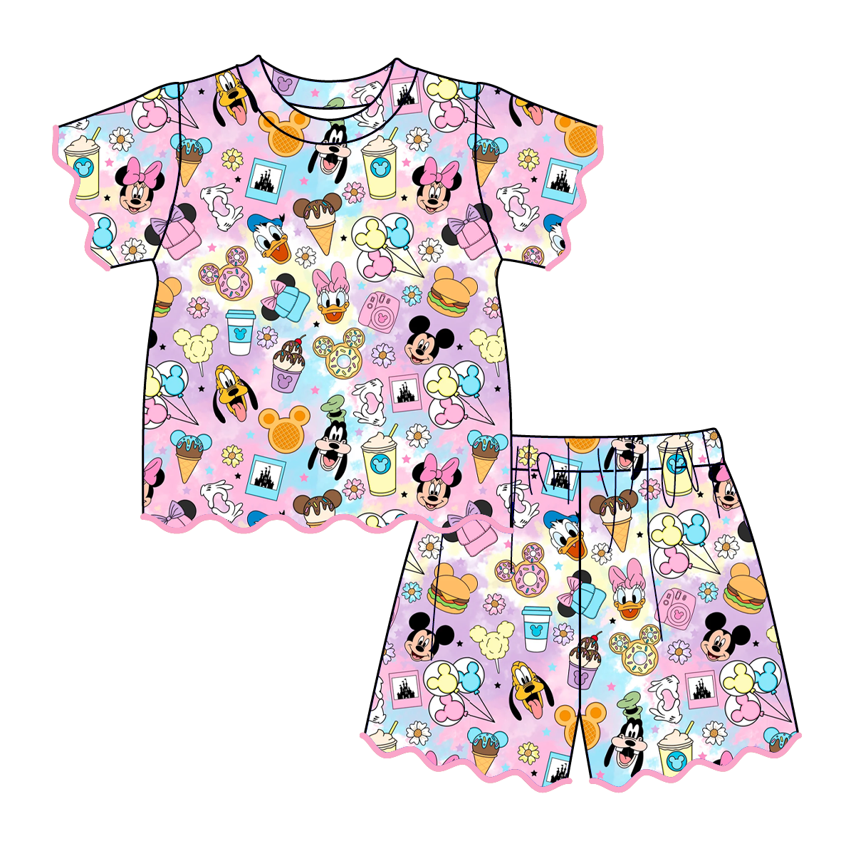 (Pre Order)Girls Spring & Summer Cartoon Scallop Shorts Set