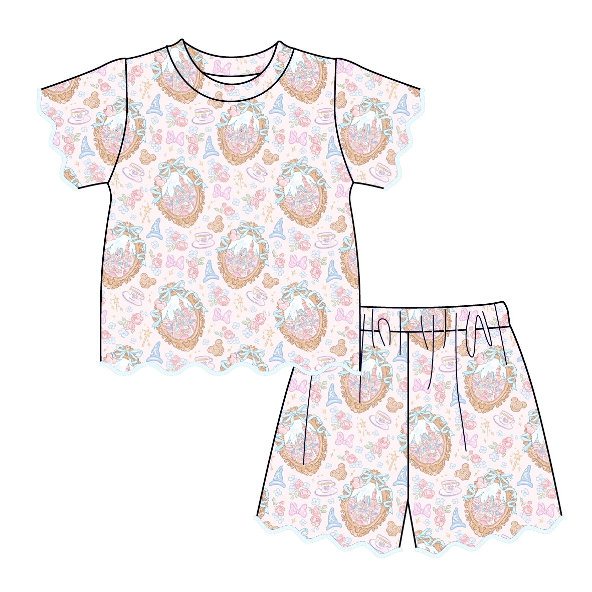 (Pre Order)Girls Spring & Summer Cartoon Scallop Shorts Set