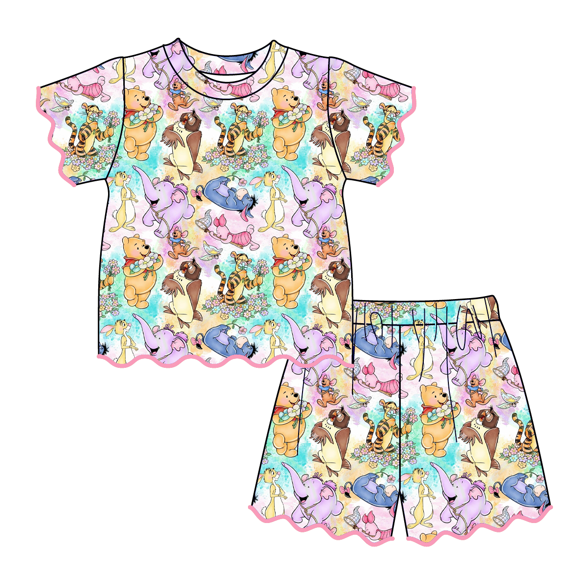 (Pre Order)Girls Spring & Summer Cartoon Scallop Shorts Set