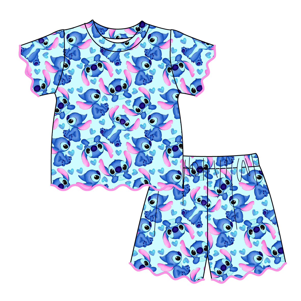 (Pre Order)Girls Spring & Summer Cartoon Scallop Shorts Set