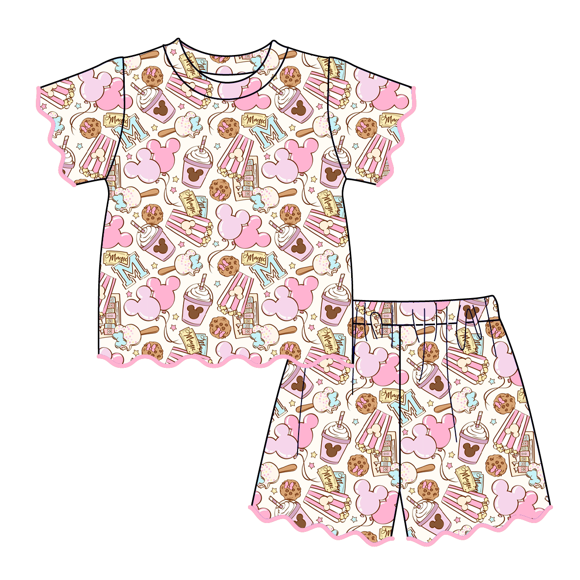 (Pre Order)Girls Spring & Summer Cartoon Scallop Shorts Set