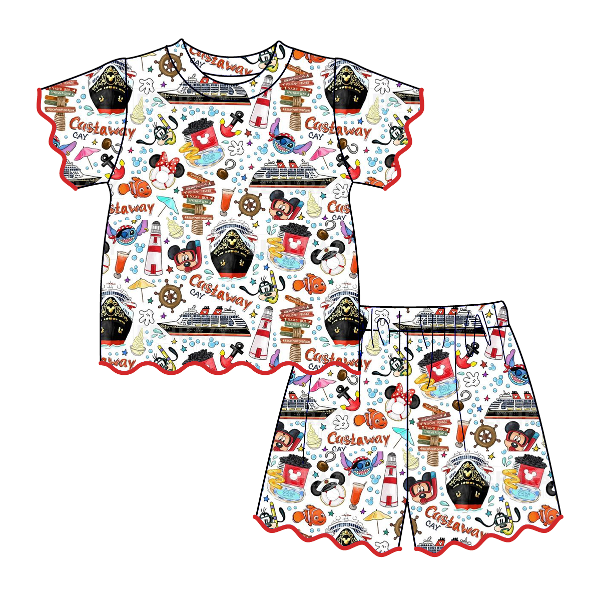 (Pre Order)Girls Spring & Summer Cartoon Scallop Shorts Set