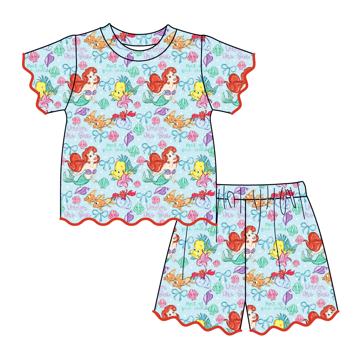 (Pre Order)Girls Spring & Summer Cartoon Scallop Shorts Set