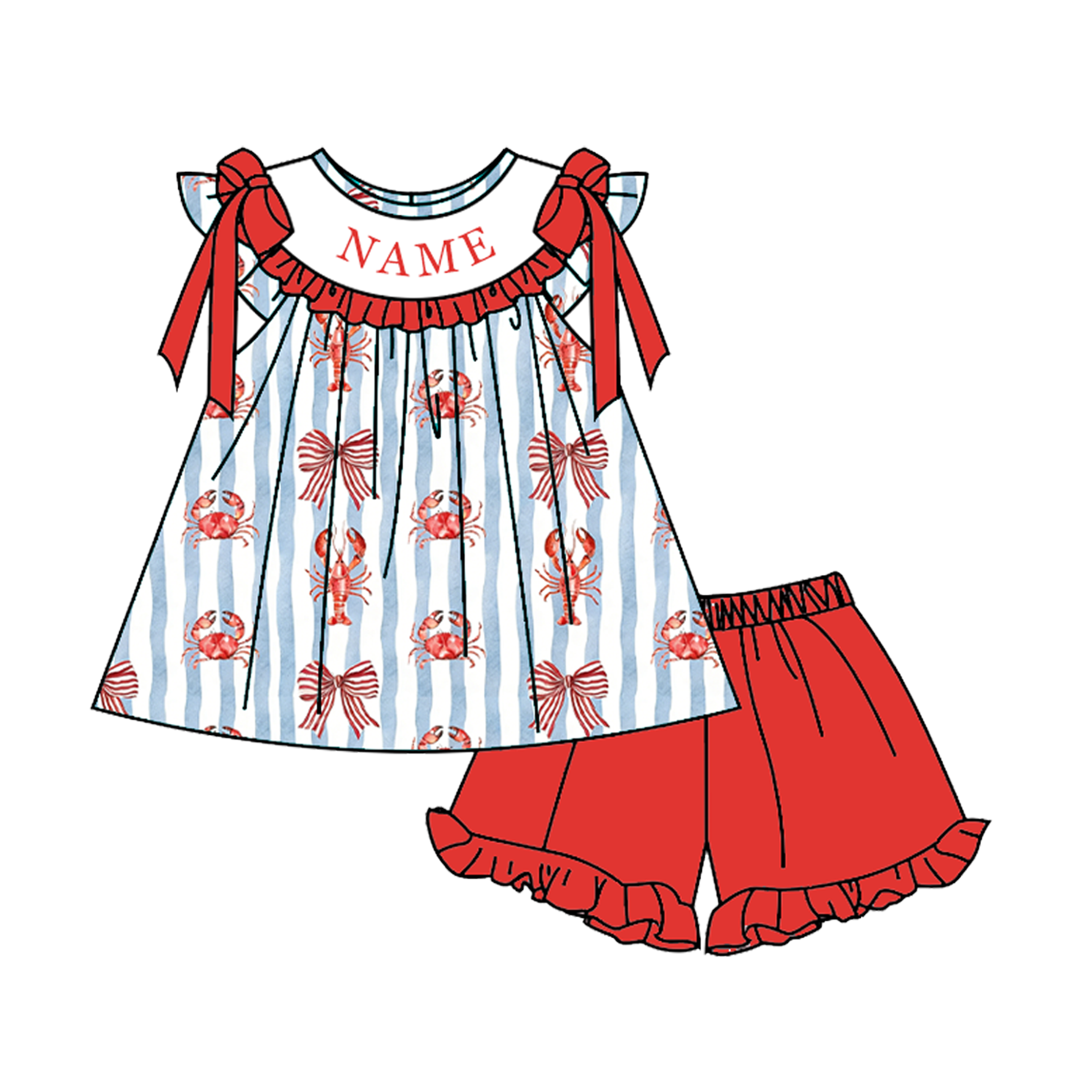 (Pre Order)Siblings Summer Lobster&Crab Embroidery Smocked Dress,Set&Romper-Customized name