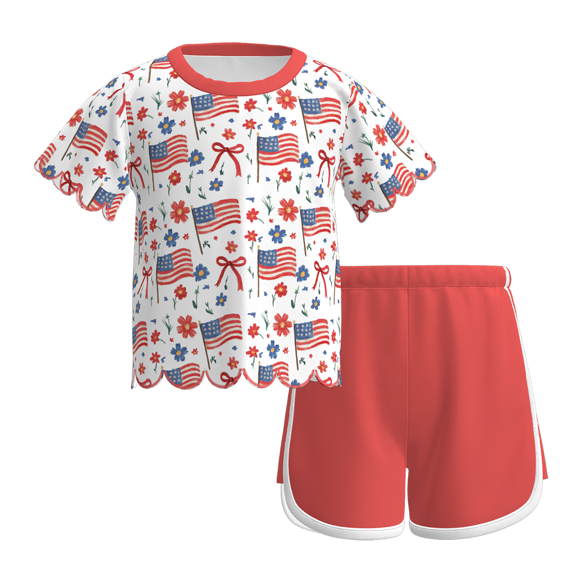 (Pre Order)Girls Patriotic Cartoon Scallop Shorts Set