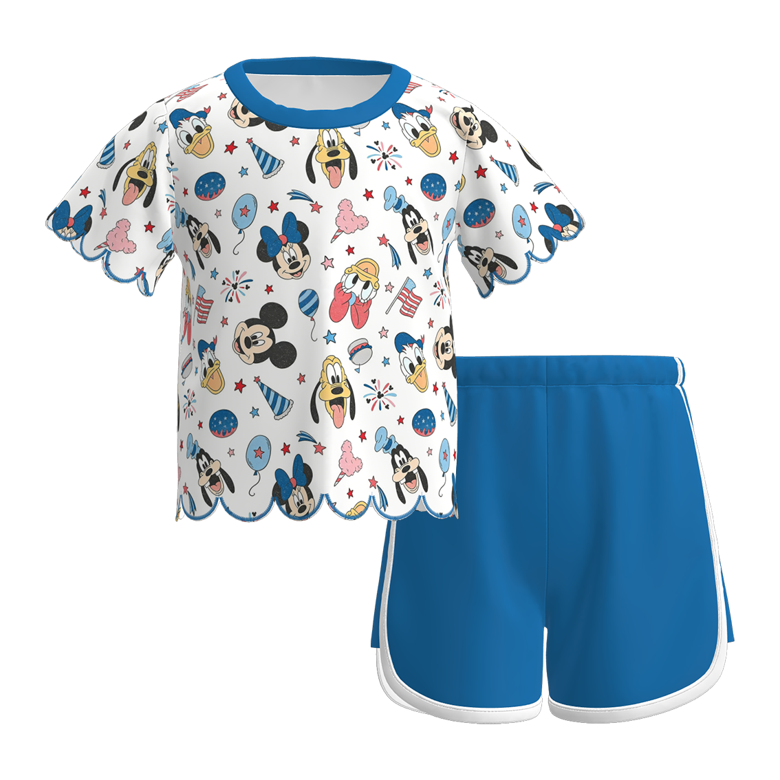 (Pre Order)Girls Patriotic Cartoon Scallop Shorts Set