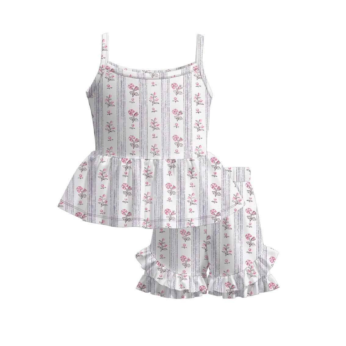 (Pre Order)Girls Spring&Summer Floral Print Ruffle Shorts Set