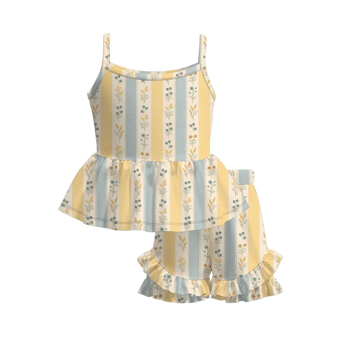 (Pre Order)Girls Spring&Summer Floral Print Ruffle Shorts Set