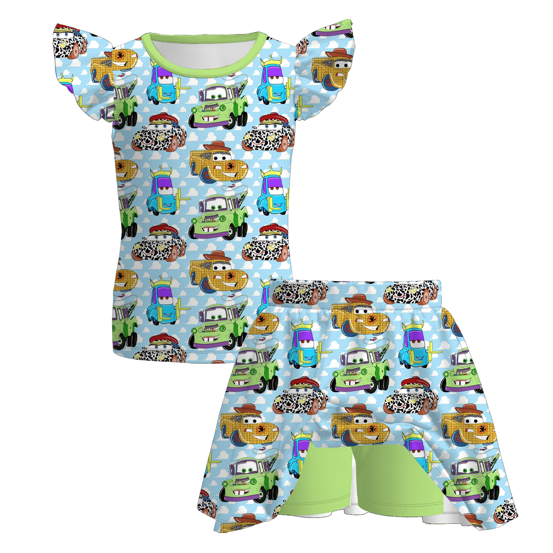 (Pre Order)Family Spring&Summer Cartoon Car Print Dress,Set,Jumpsuit,Romper&Top