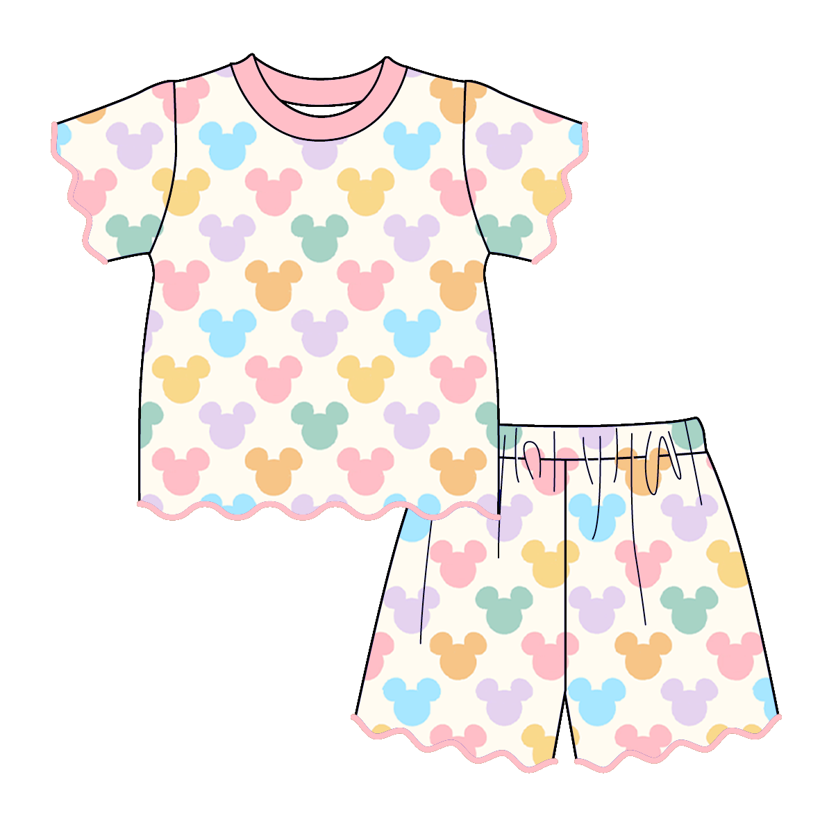 (Pre Order)Girls Spring & Summer Cartoon Scallop Shorts Set