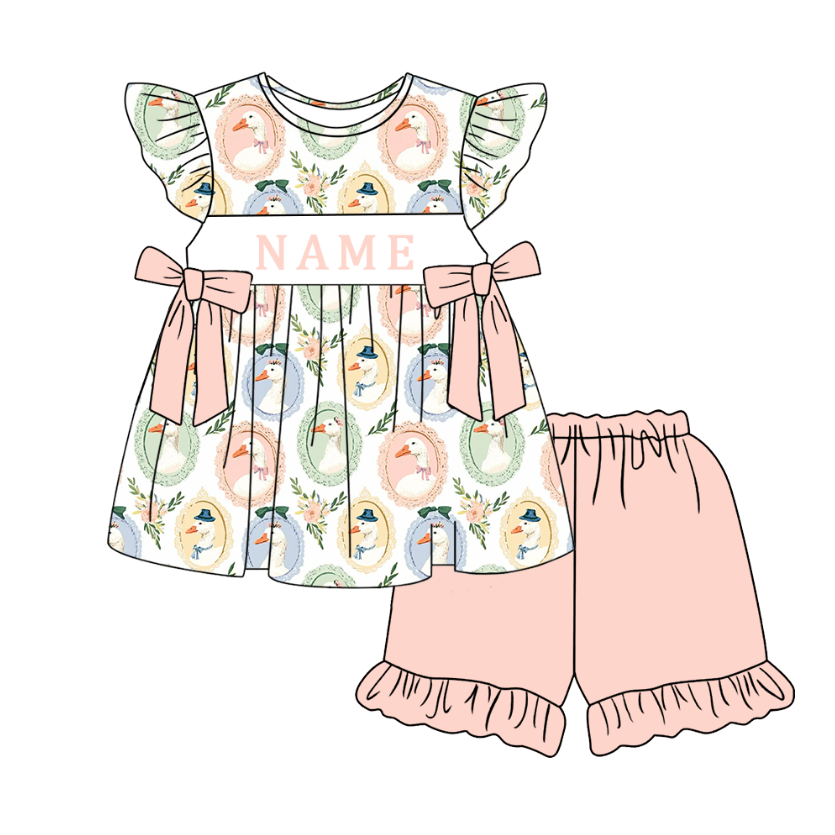 (Pre Order)Sisters Spring&Summer Goose Embroidery Smocked Dress,Set&Romper-Customized name