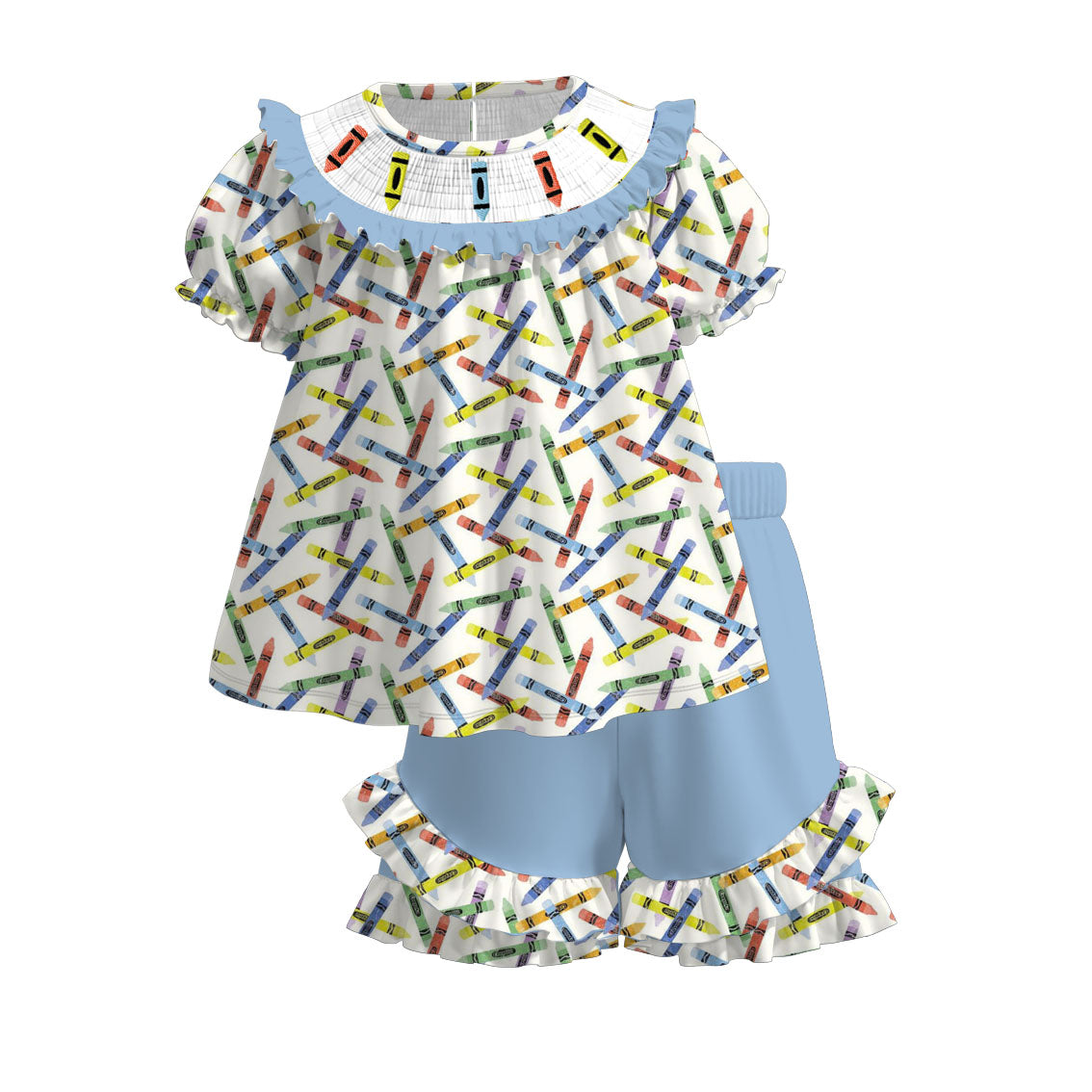 (Pre Order)Siblings Summer Back To School Crayon Embroidery Smocked Dress&Set