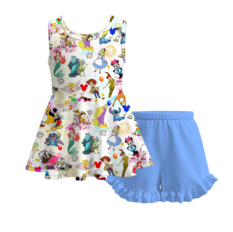 (Pre Order+Prepack Zone)Girls Spring&Summer Cartoon Print Ruffle Shorts Set