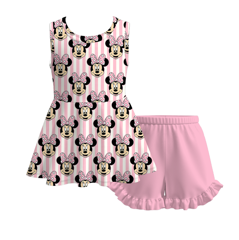 (Pre Order+Prepack Zone)Girls Spring&Summer Cartoon Print Ruffle Shorts Set