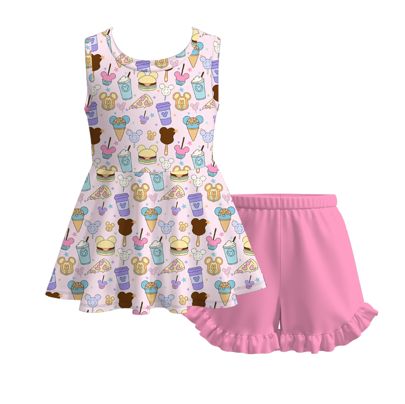 (Pre Order+Prepack Zone)Girls Spring&Summer Cartoon Print Ruffle Shorts Set