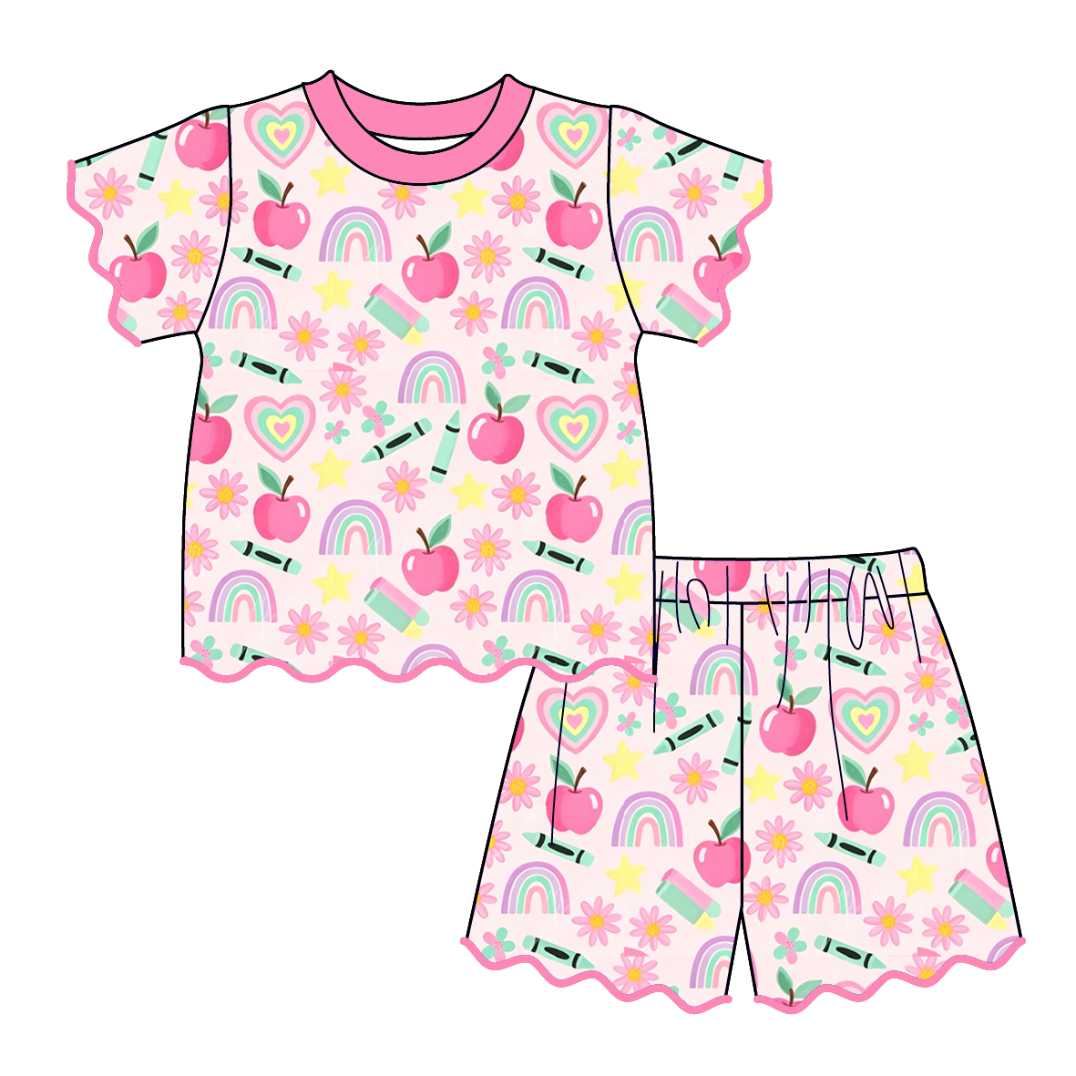 (Pre Order)Girls Summer Back To School Scallop Shorts Set