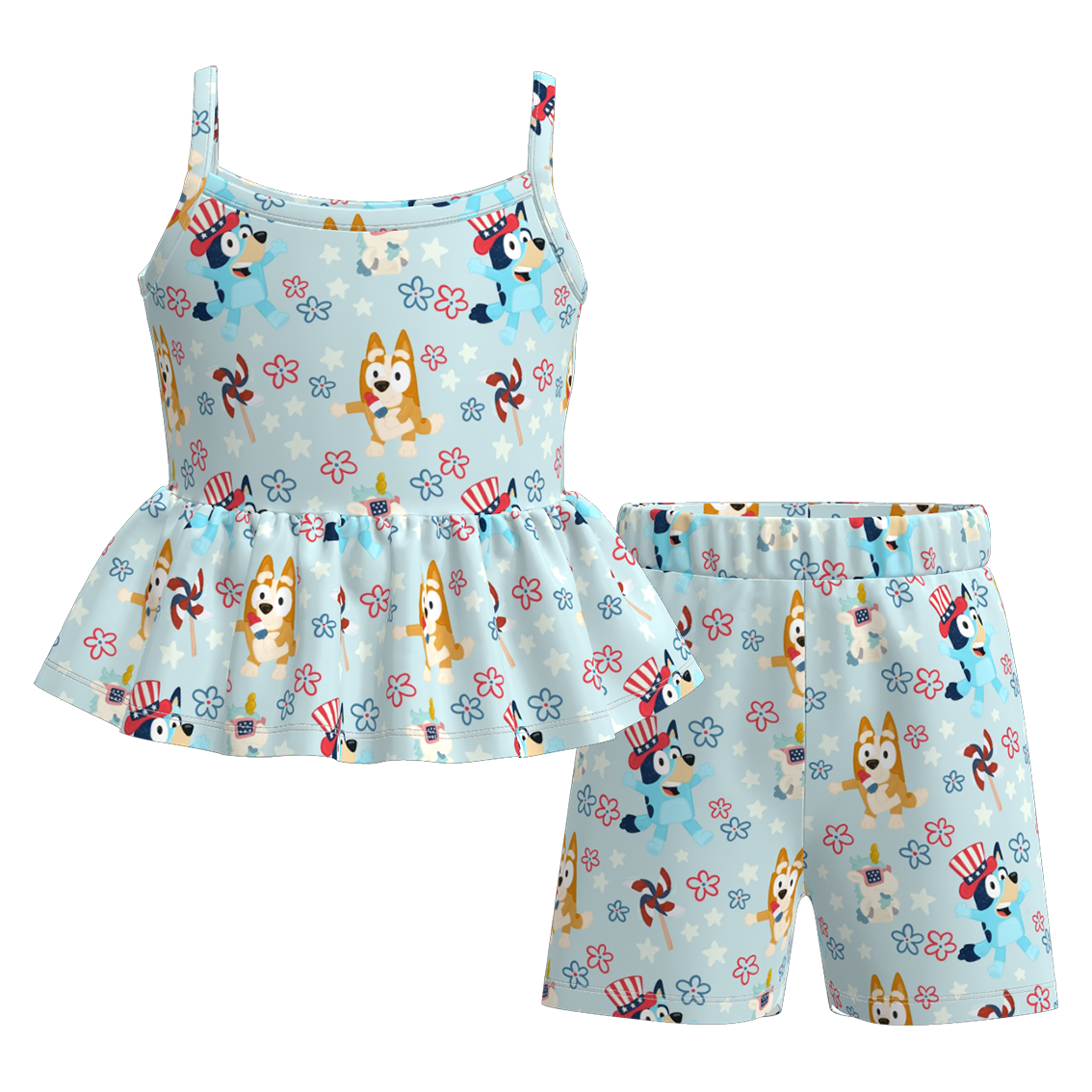(Pre Order+Prepack Zone)Girls Summer Patriotic Cartoon Print Shorts Set